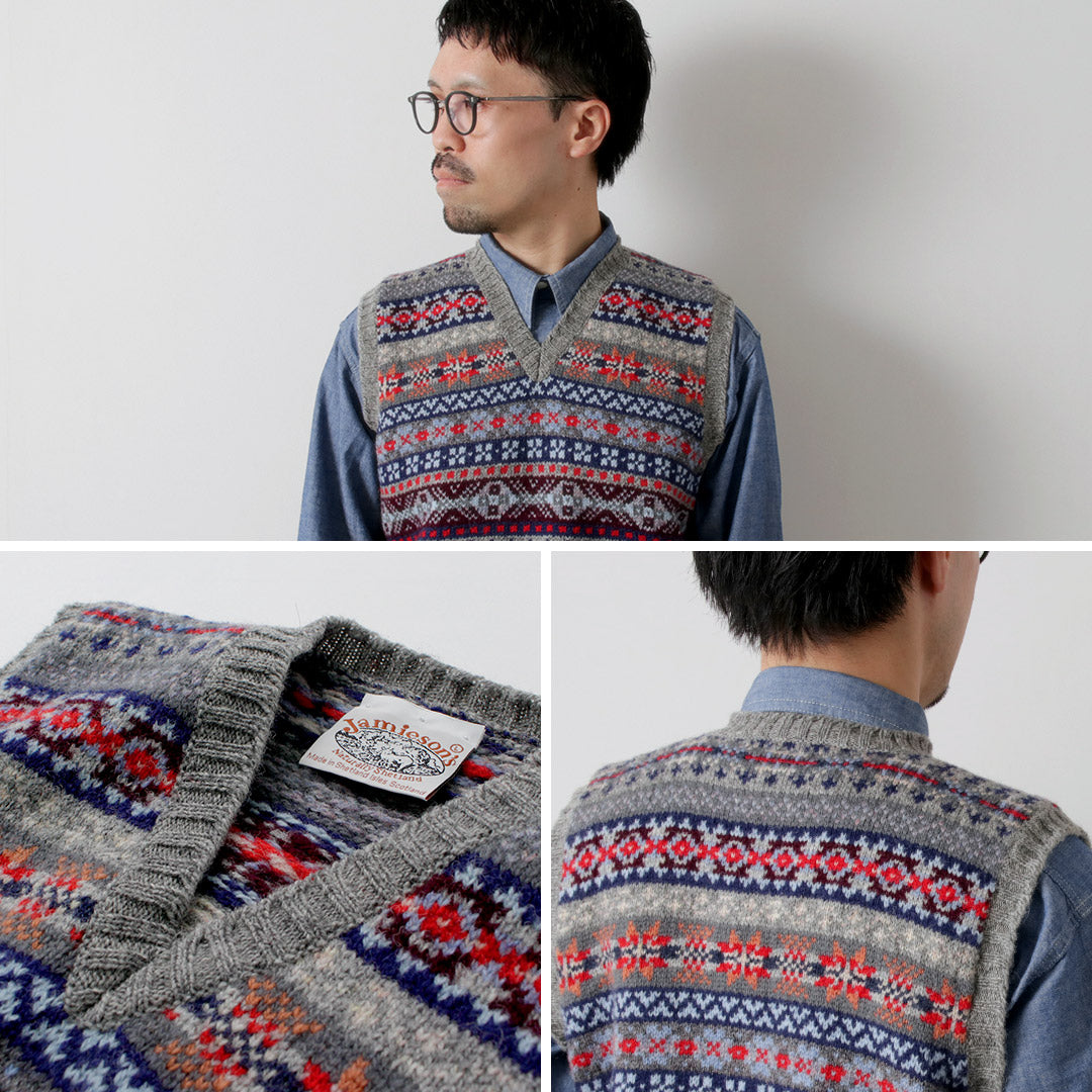 JAMIESONS / Gilet Col V Fair Isle