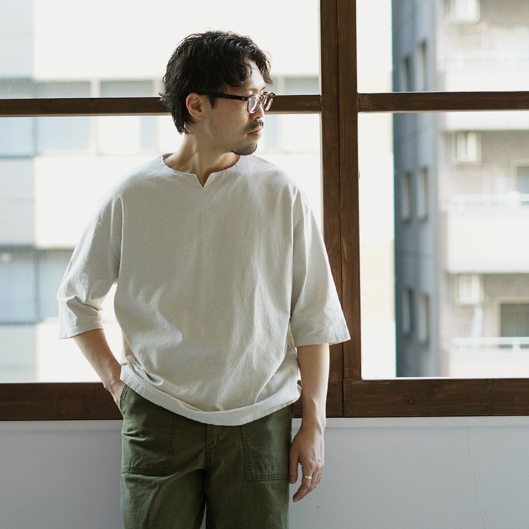 KEMA DESIGNS / Hemp Cotton Key-Neck T-Shirt