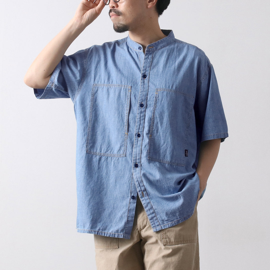 GOHEMP / Camisa sin cuello de trabajo de cambray de algodón y cáñamo