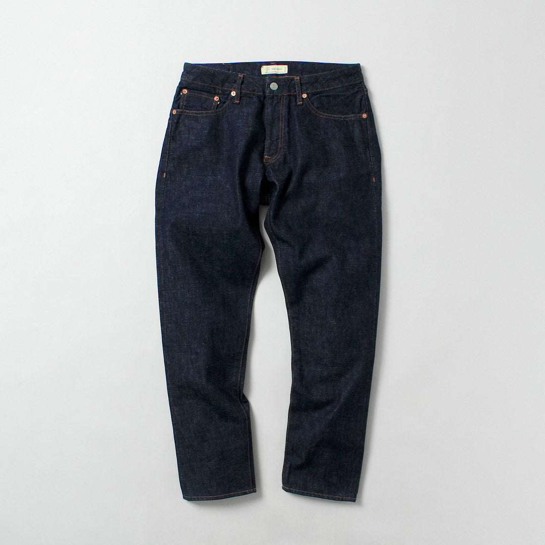 Tela azul / Jeans 5P cónicos semianchos de 13 oz