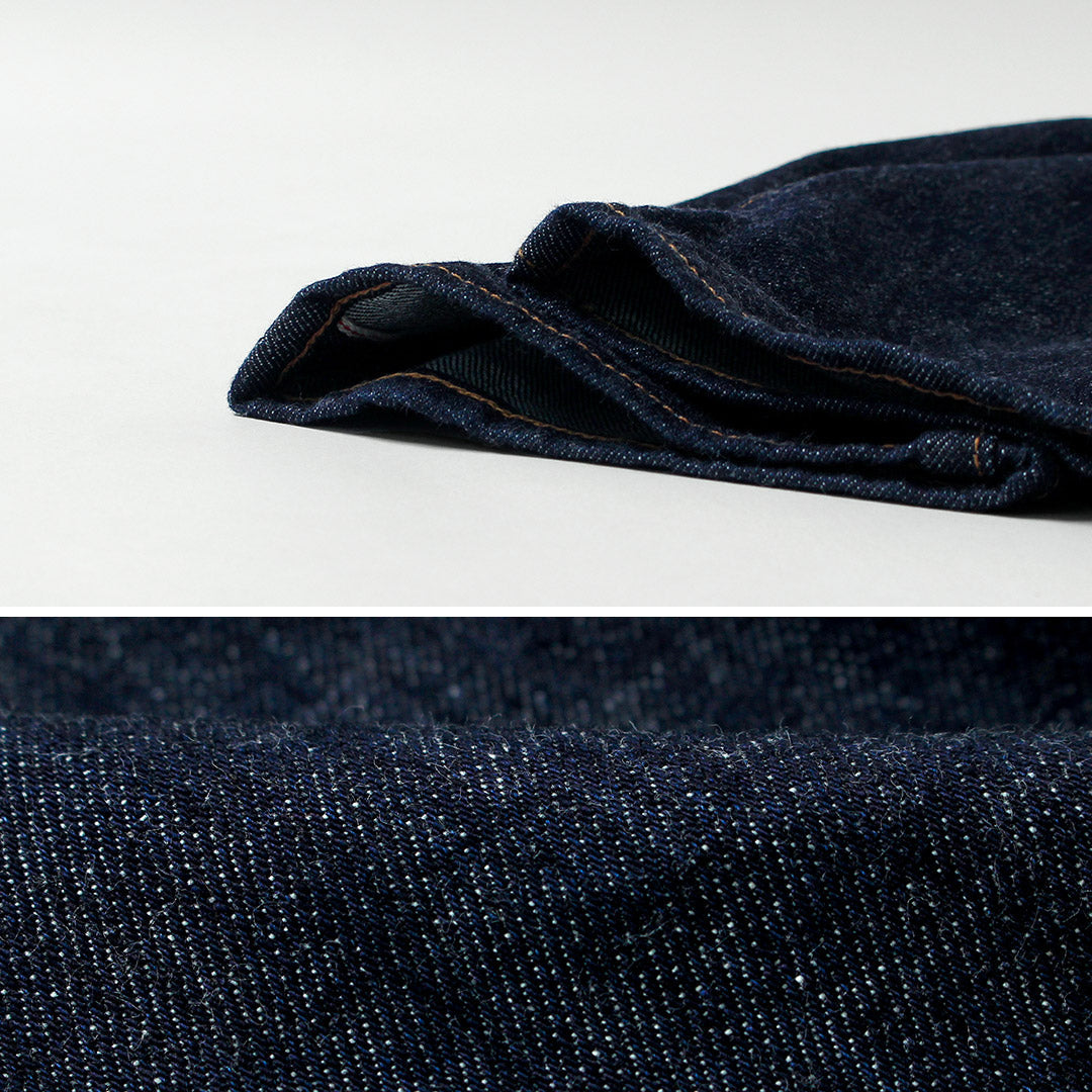 Tela azul / Jeans 5P cónicos semianchos de 13 oz