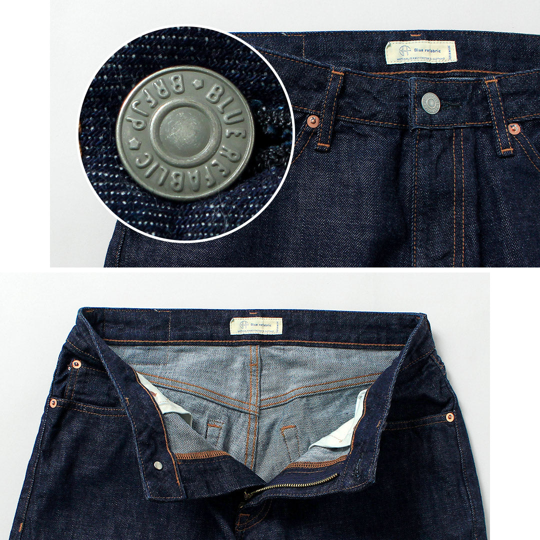 Tela azul / Jeans 5P cónicos semianchos de 13 oz