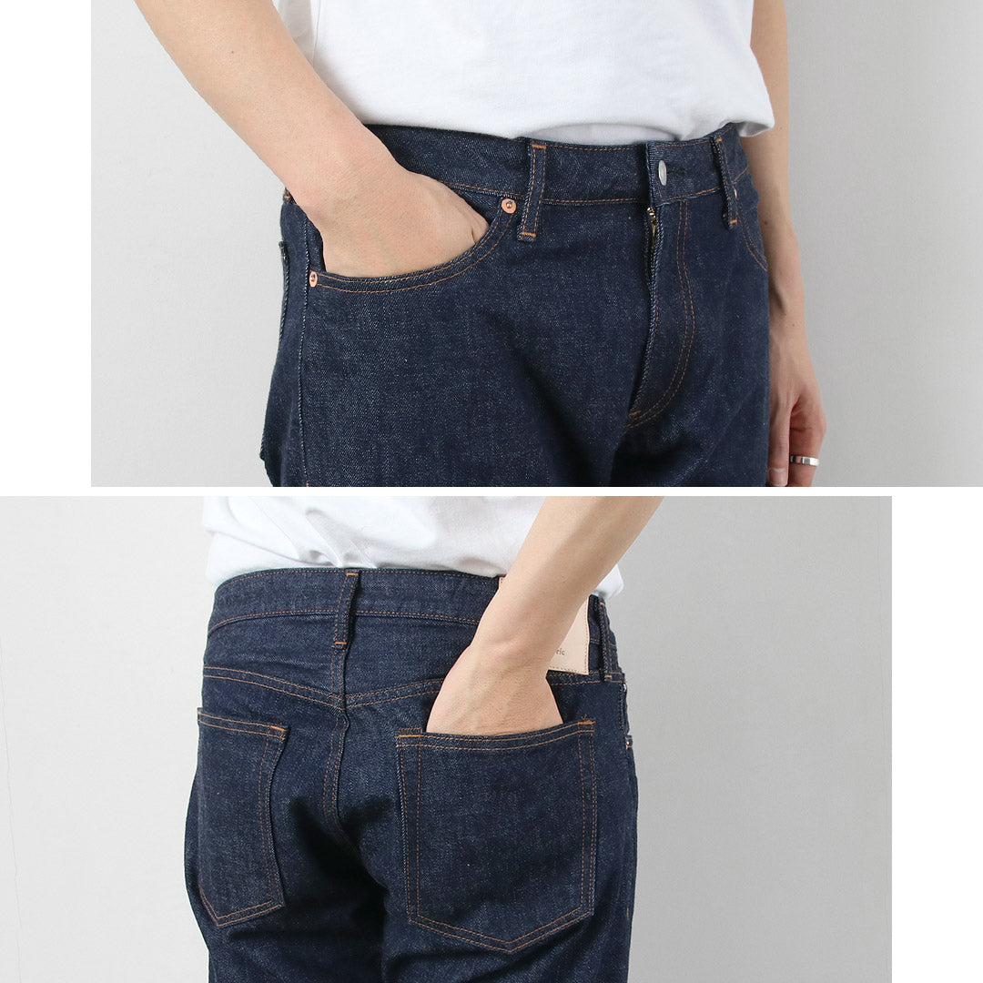 Tela azul / Jeans 5P cónicos semianchos de 13 oz