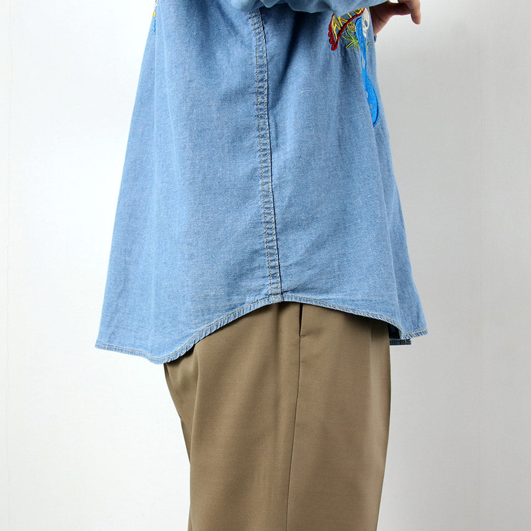 GOHEMP / Camisa de trabajo plisada bordada Chambray de algodón de cáñamo