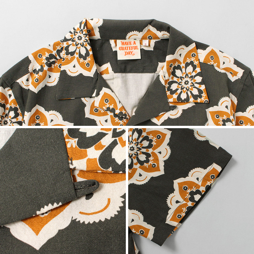 TENGA UN DÍA AGRADECIDO / Camisa S/S con cuello abierto y estampado de diseño redondo