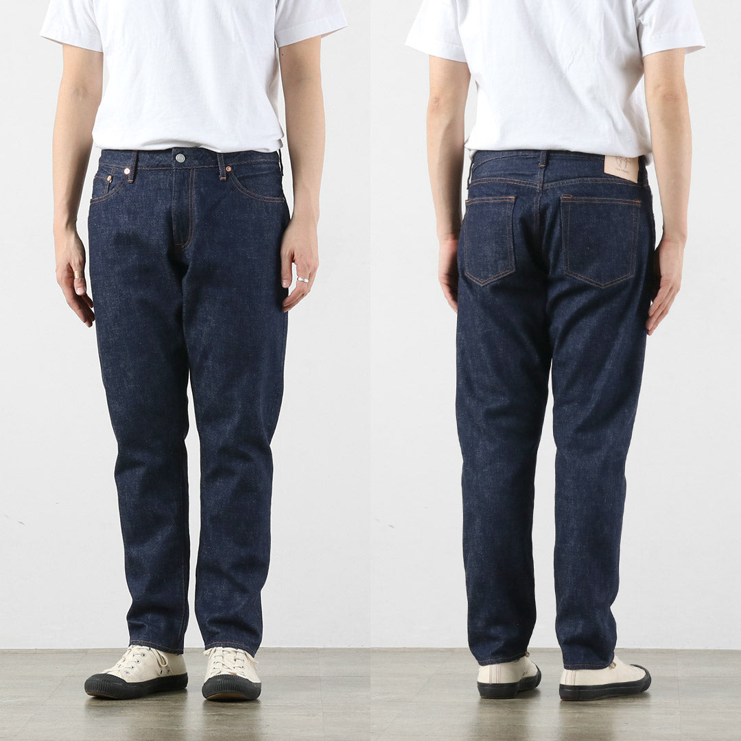 Tela azul / Jeans 5P cónicos semianchos de 13 oz