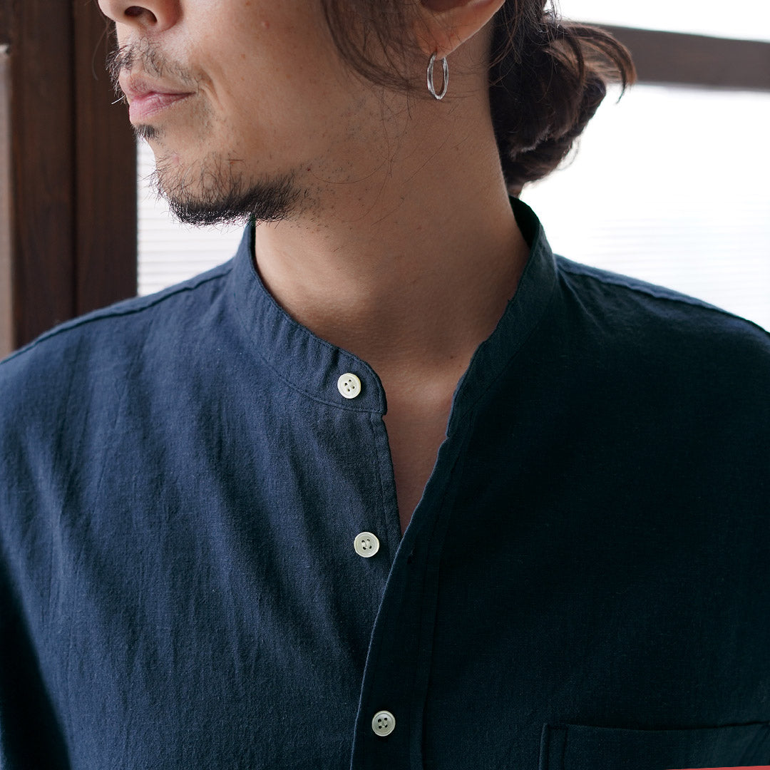 KEMA DESIGNS / Camisa con cuello mao de media manga de cáñamo/algodón orgánico